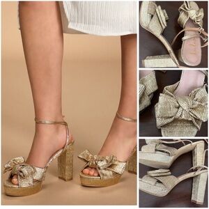 Lilsa Gold Metallic Bow Platform Ankle Strap Heels